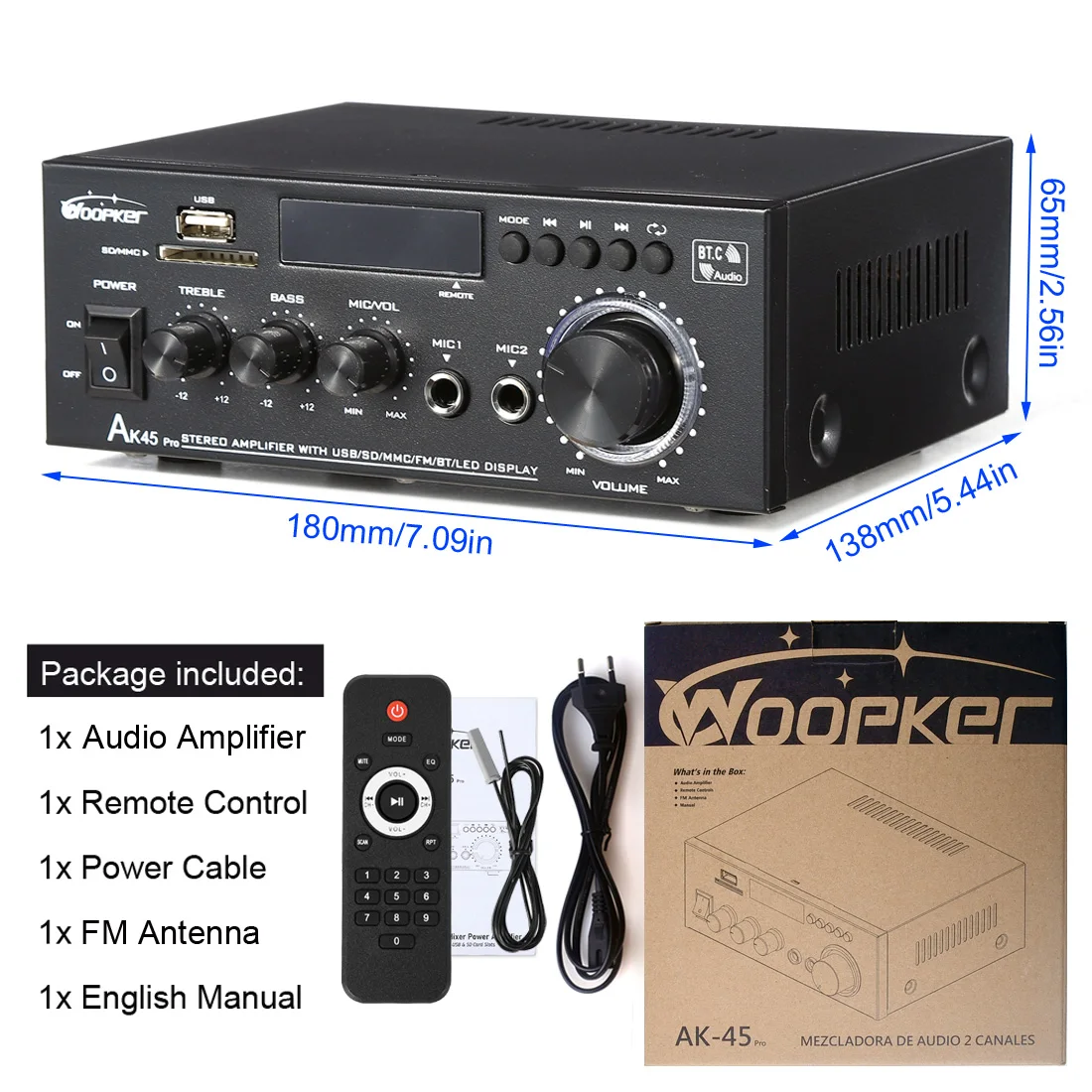 Woopker AK45 Pro Audio Amplifier Max Output 820W Channel 2.0 Bluetooth AMP Karaoke HiFi Digital Stereo Receiver for Home RVs