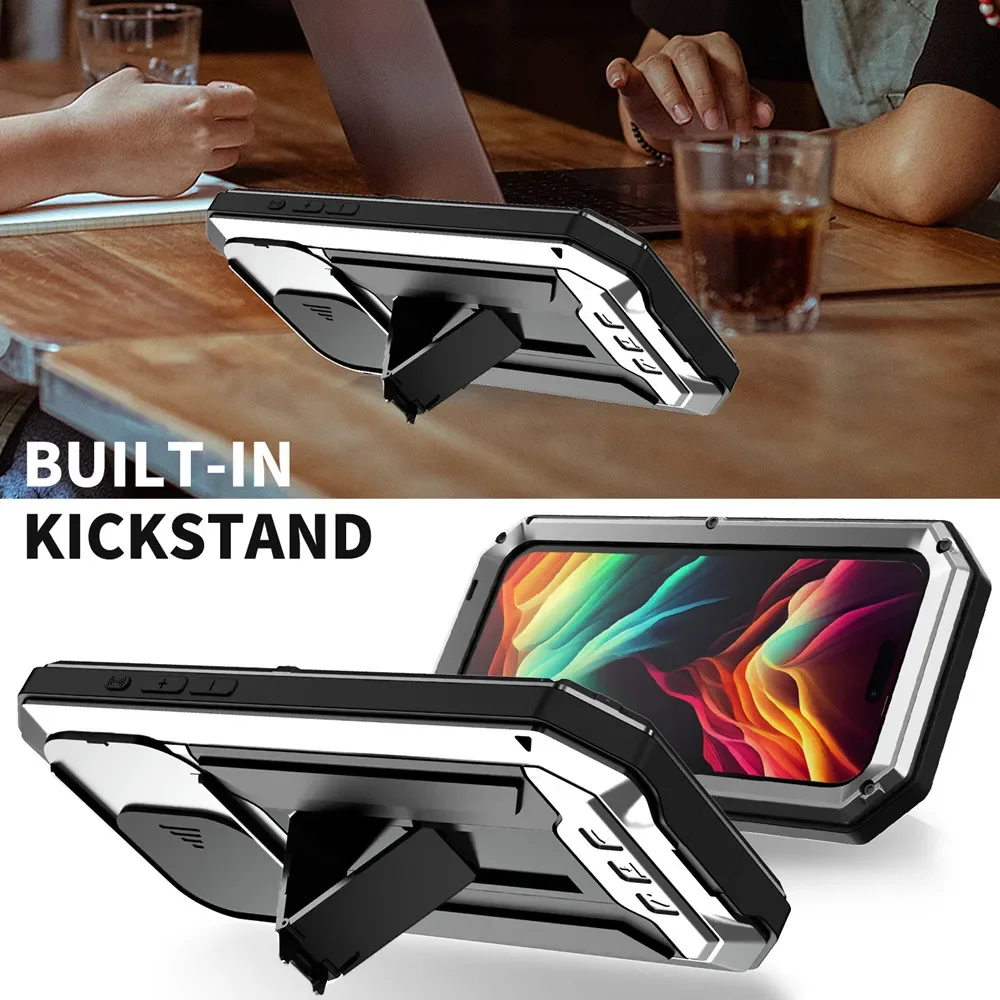 360 Protection Heavy Metal Armor Case For iPhone 15 14 Pro Max Shockproof Cover Cases with Tempered Glass Holder Full Coverage