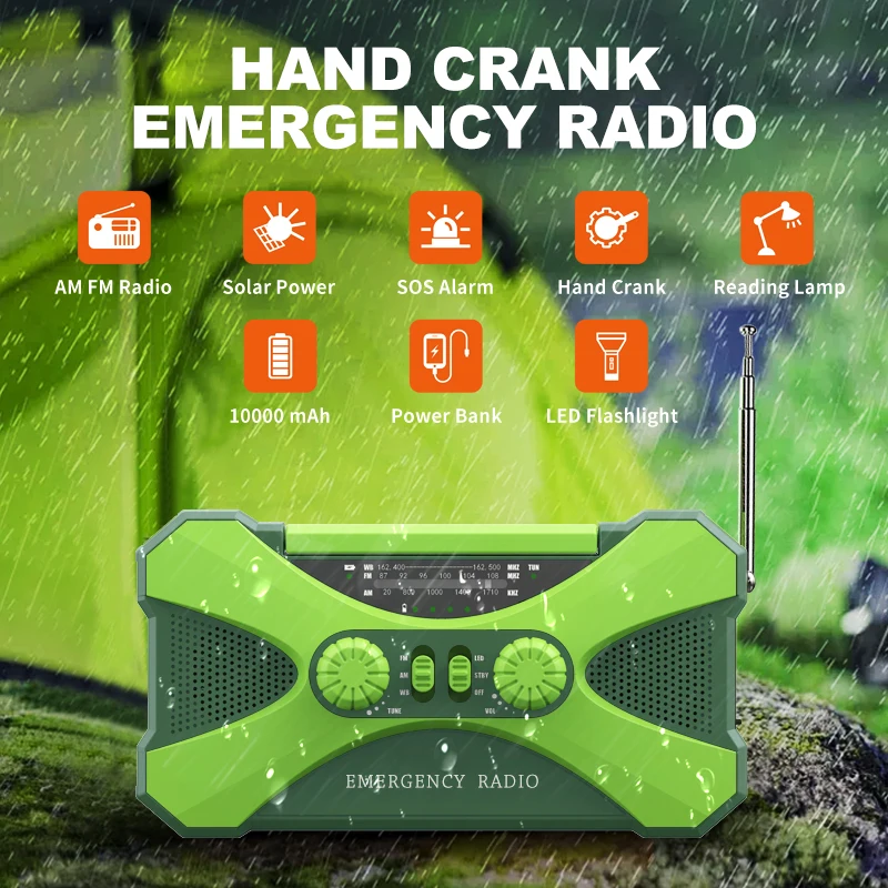 10000mAh Multifunctional Radio Watertight Emergency Light /Power Bank/AM/FM Weather Radios/SOS alarms Outdoor Survival Tool