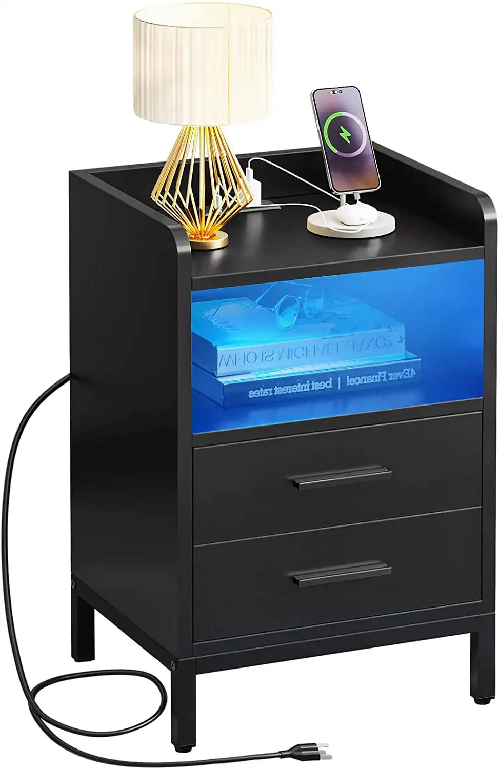 

DEXTRUS Black Night Stand with LED Lights and Charging Station, End Bedside Table with 2 Drawers, Open Storage