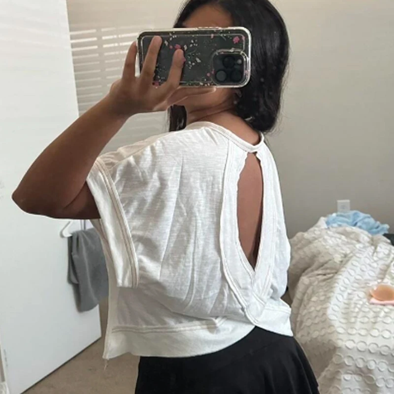 Europe and the United States foreign trade women's new women's back sports yoga T-shirt relaxed casual breathable 1 Europe and the United States foreign trade women's new women's back sports yoga T-shirt relaxed casual breathable