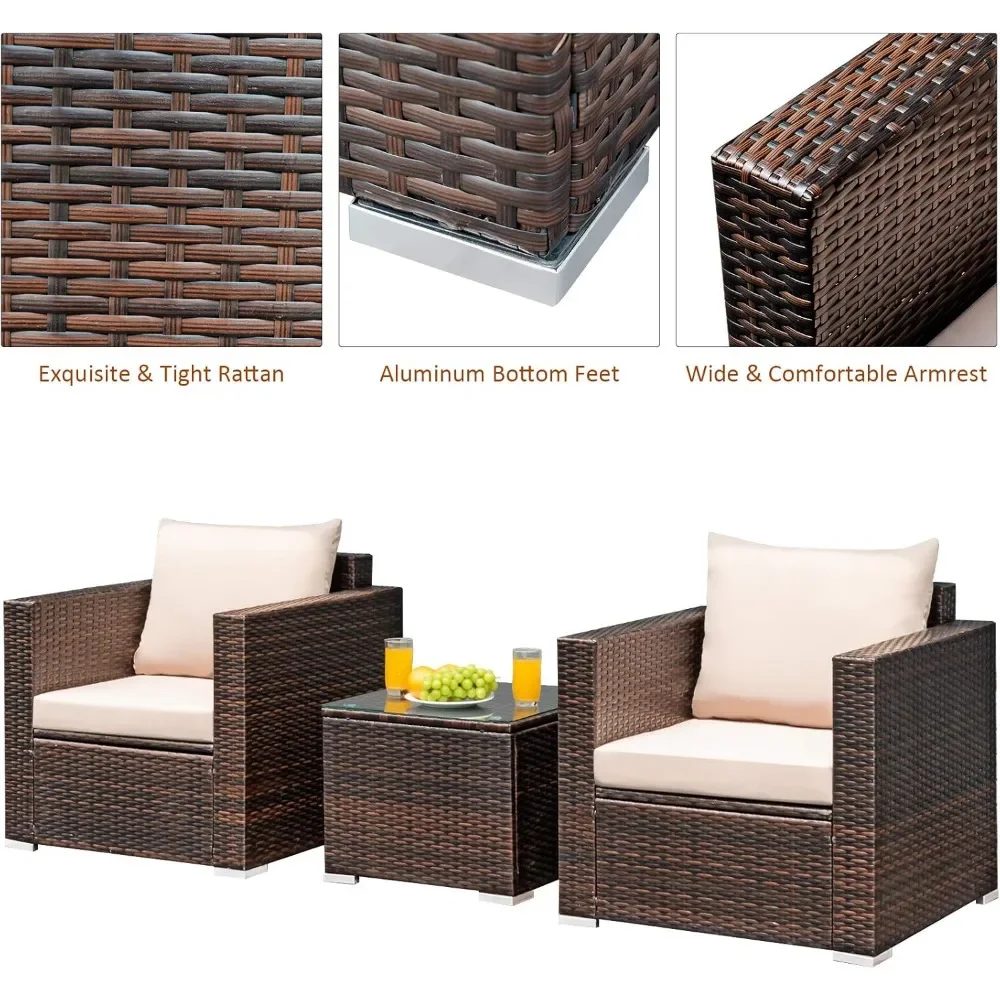 3-Piece Patio Furniture Set w/Rattan Chairs & Glass Table, Outdoor Conversation Set with Washable Cushions, All-Weather 4
