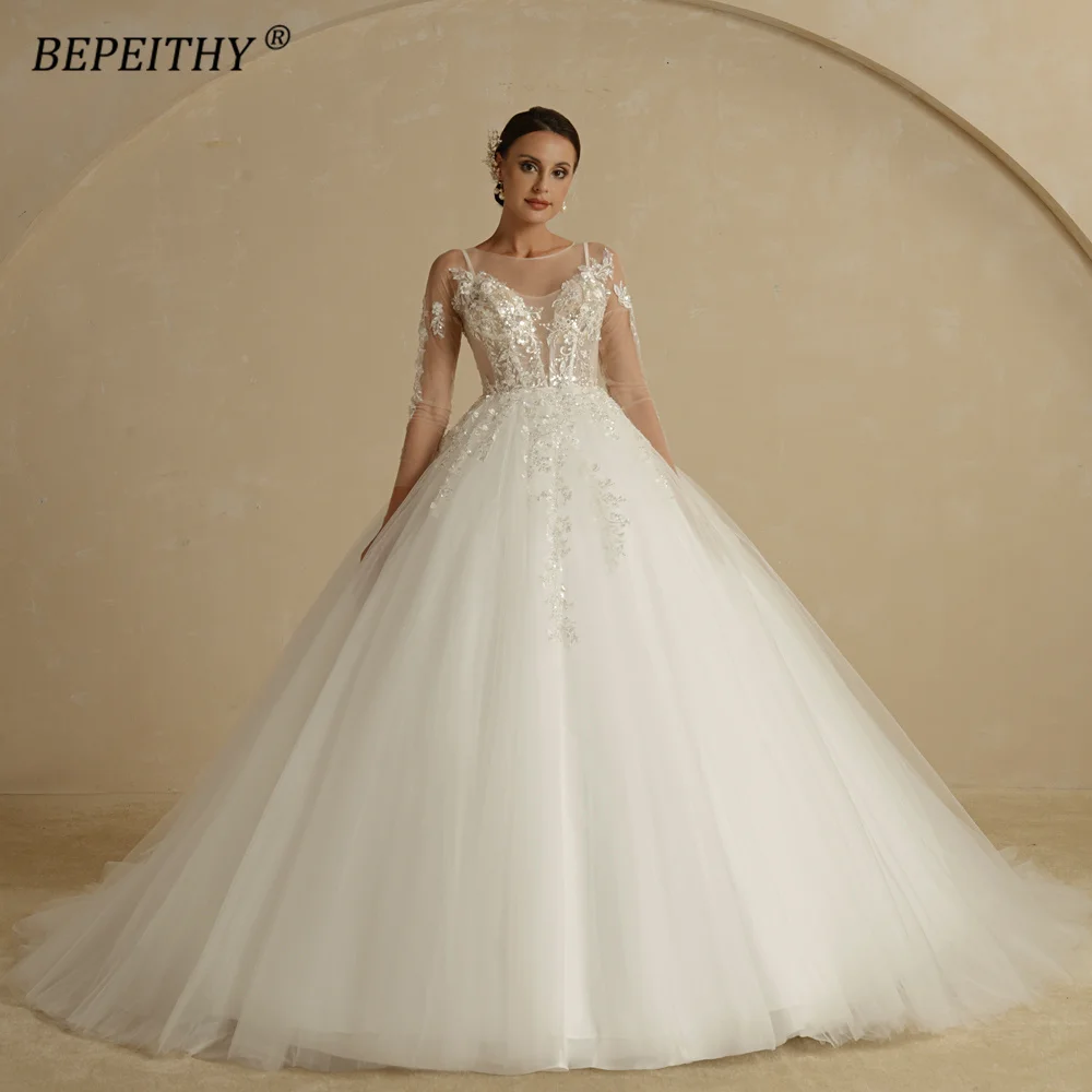 BEPEITHY Off Shoulder Lace Wedding Dresses 2022 For Women Sleeveless Vintage Shinny Glitter Bridal Ball Gown Vestidos De Novia