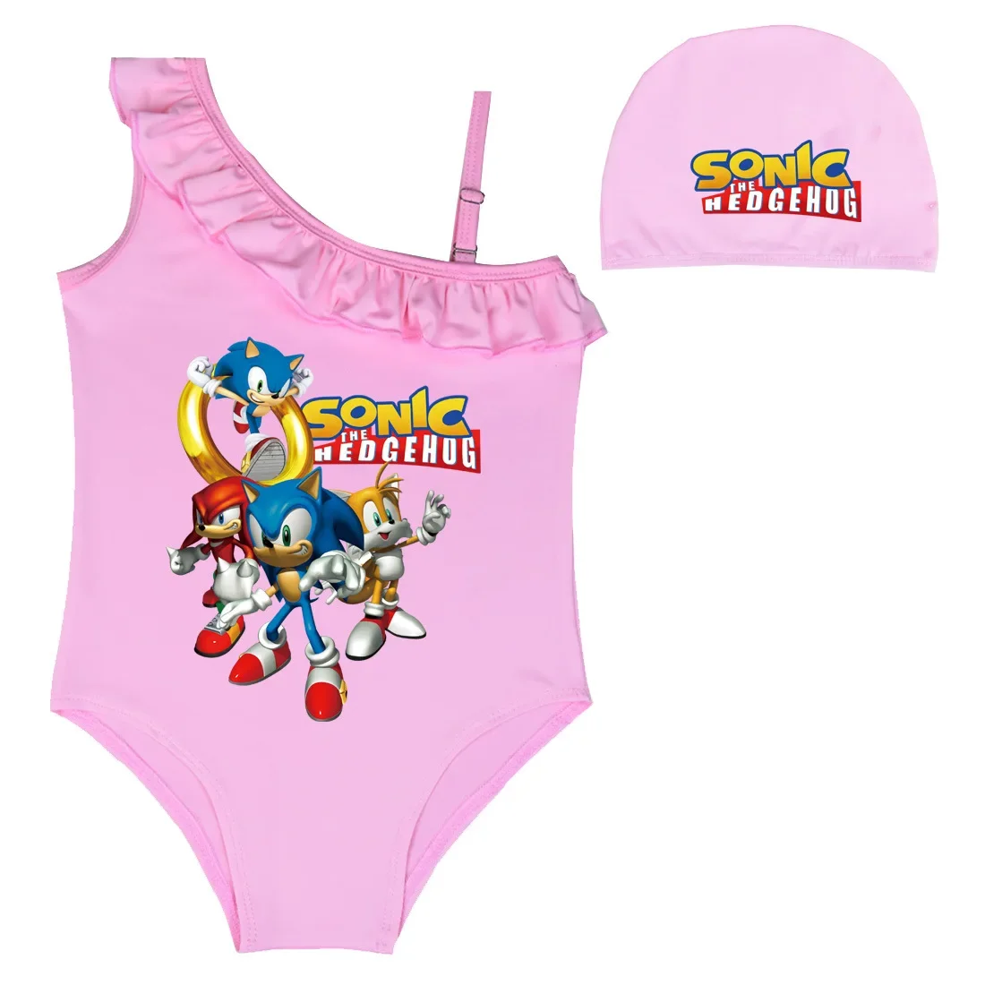 

New Sonic Swimsuit Cartoon Girls Strapless One-Piece Swimsuit Fashion Simple Summer Swimming Cap