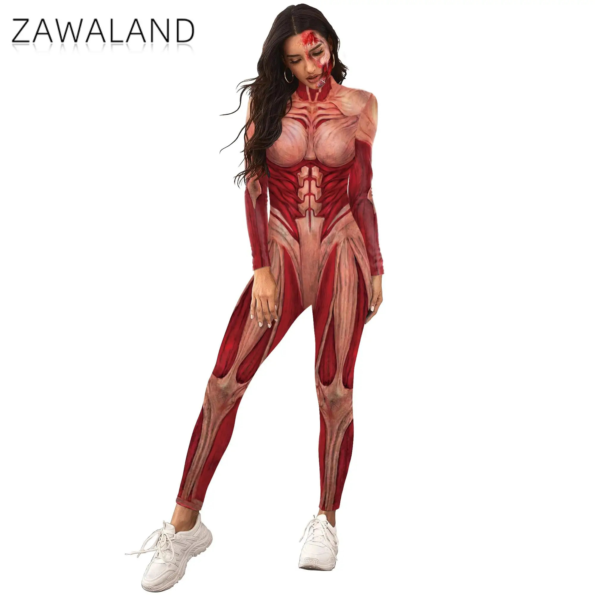 Cosplay Costume-Zawaland Halloween 3D Printing Body Muscle Jumpsuits for Adult Skeleton Performance