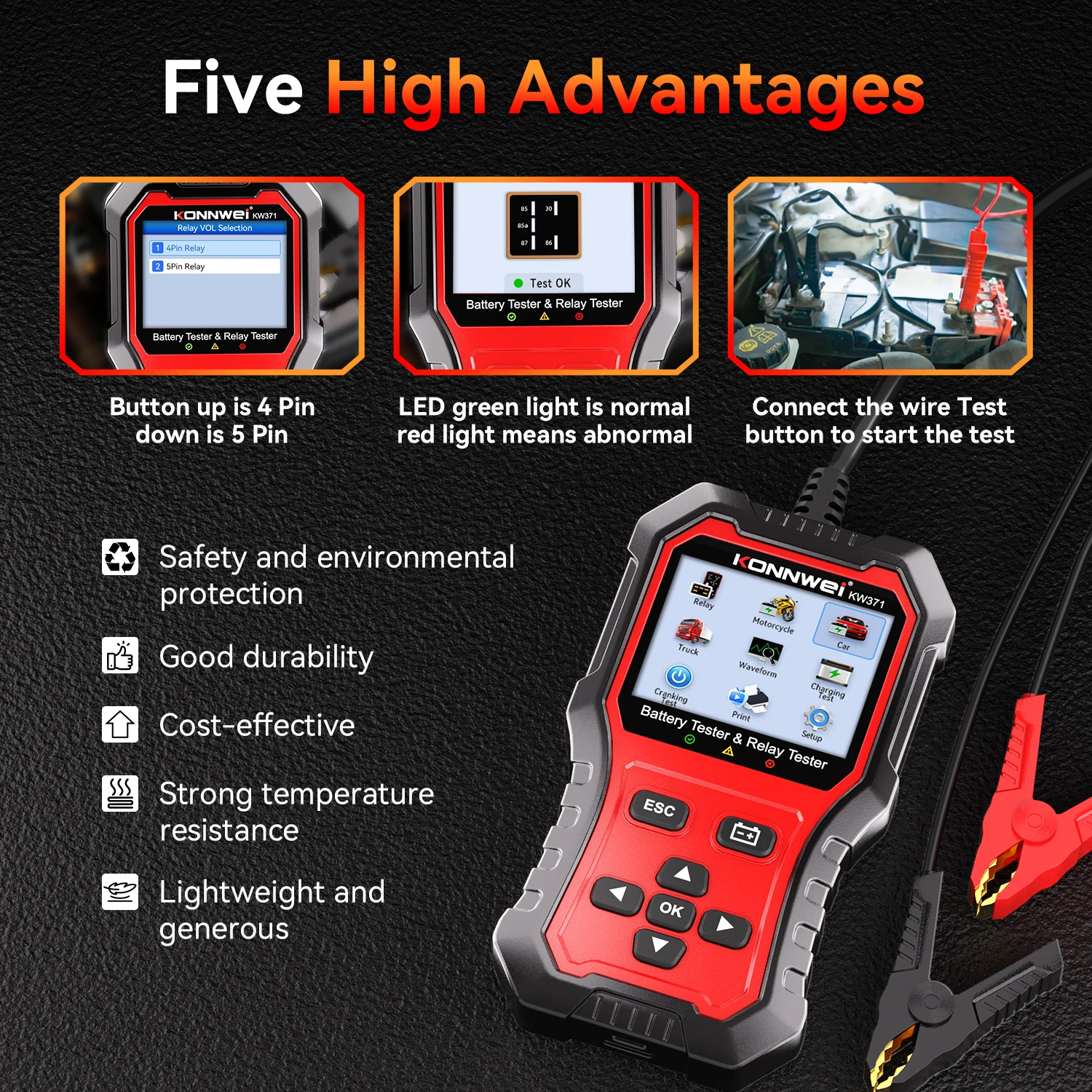 KONNWEI Car Battery Relay Tester KW371, 2 in 1 6V 12V 24V Battery Tester with 4 Pin 5 Pin Relay Testing Fault Data Print Start Test and Charging Scan Tool 2026 - Image 6