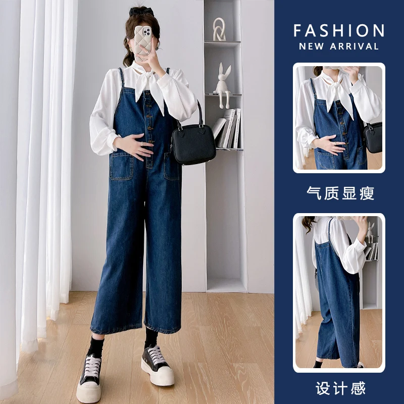 990-autumn-korean-fashion-denim-maternity-bib-jeans-white-blouses-sets-sweet-summer-loose-jumpsuits-clothes-for-pregnant-women