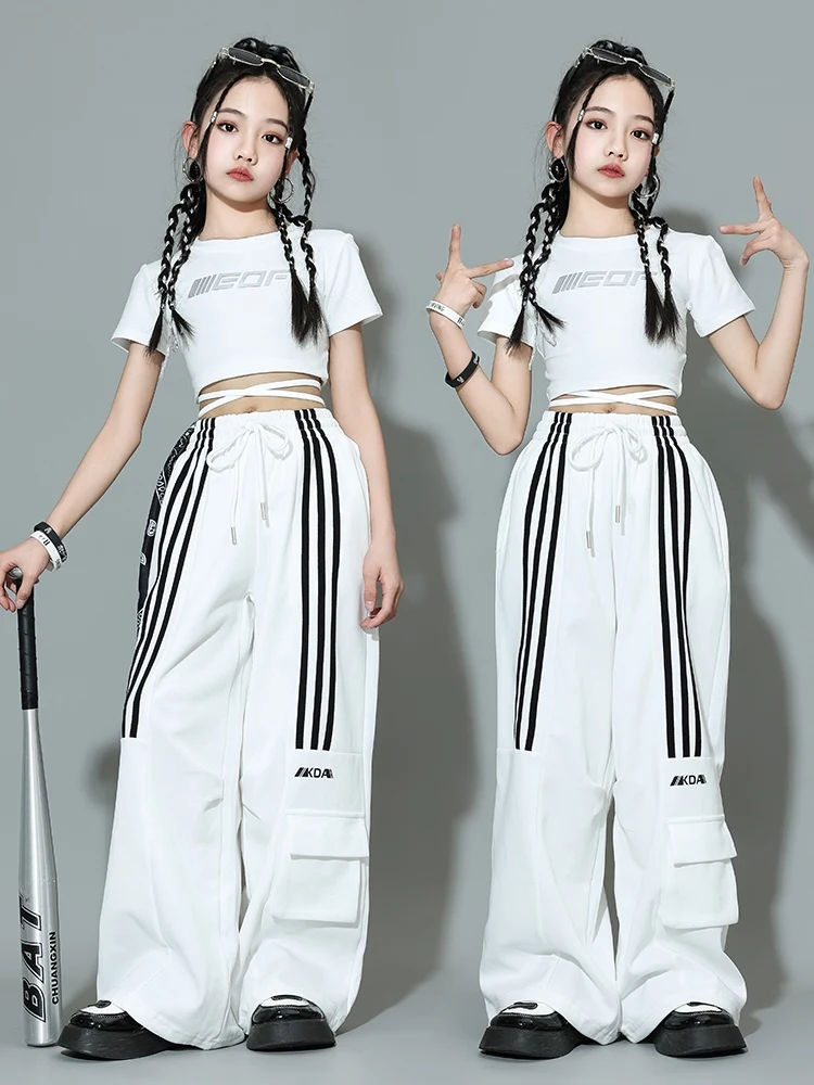 Kids Hip Hop Dance Clothes Girls White Tops Pants Jazz Practice Clothing Summer Short Sleeves Street Dance Outfit Rave BL12589