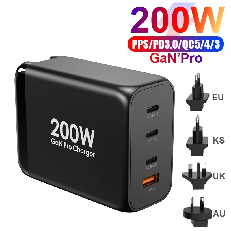 

GaN 200W USB C Wall Charger 4-port PD 100W 65W PPS45W QC Super Fast Charging Adapter for MacBook Laptop iPhone 14 13 Samsung S21