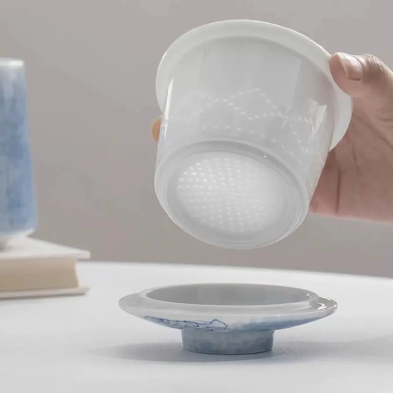 Hand Drawn Butterfly Love Flower Pattern Tea Water Separating Ceramic Office Tea Cup, Porcelain Belt Cover Filter Mug 350ML, 1Pc