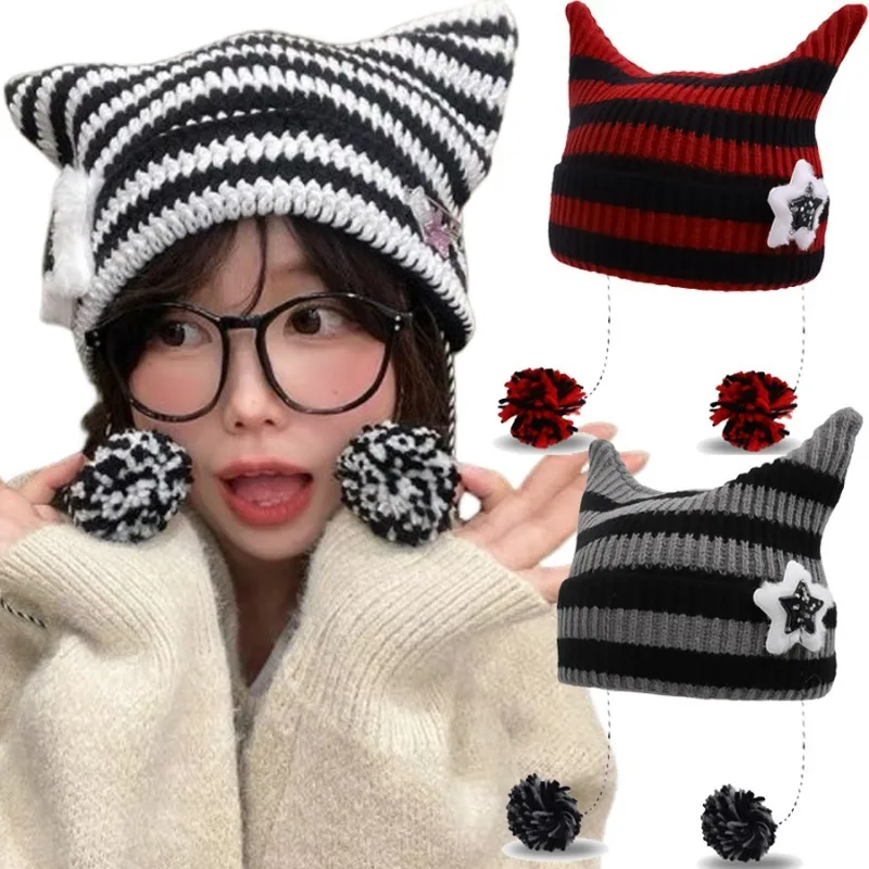 

Women's Beanie Hat Ins Devil Ear Striped Knitted Wool Cap Y2K Autumn Winter Hip-hop Crochet Cute Cat Ears Pointed Pullover Hats