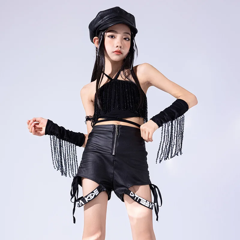 Hip Hop Kids Dancing Costume for Girls Child Party Show Black Leather Shorts T Shirts Pants JK Skirt Jazz Ballroom Dance Clothes