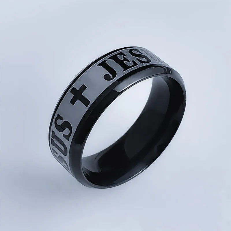 Stainless Steel Engraved Letter Jesus Cross Ring For Men Religion Faith Jewelry