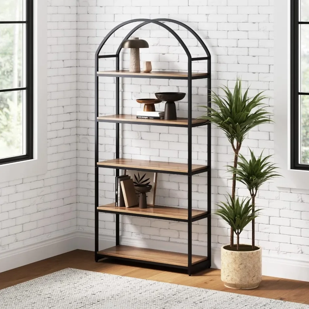 

Bookshelf, 5-Shelf Bookcase in Oak Wood and Black Metal Frame with Arch Top and Open Shelves, Oak/Black