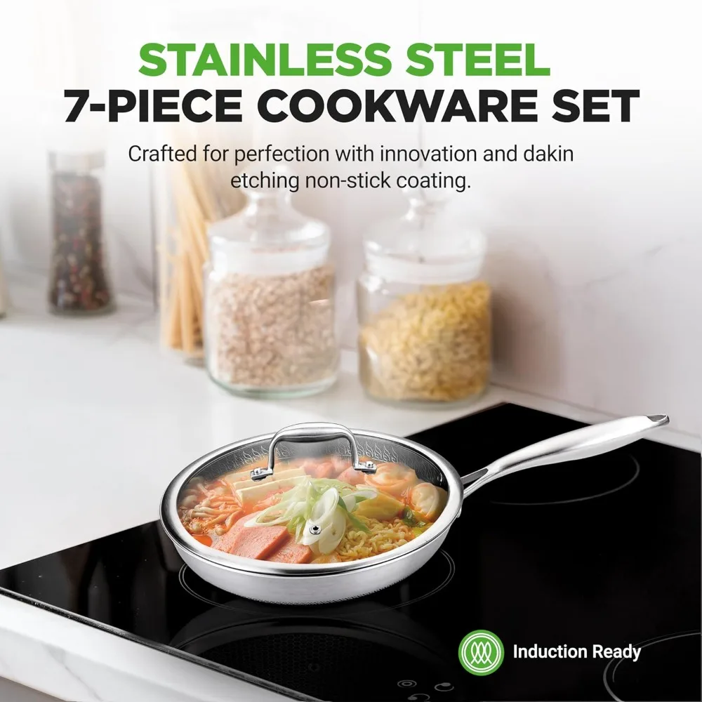 7-Piece Tri-Ply Stainless Steel Frying Pan Set & Wok – Nonstick, Induction Compatible, Oven Safe, Scratch-Resistant, Dishwasher