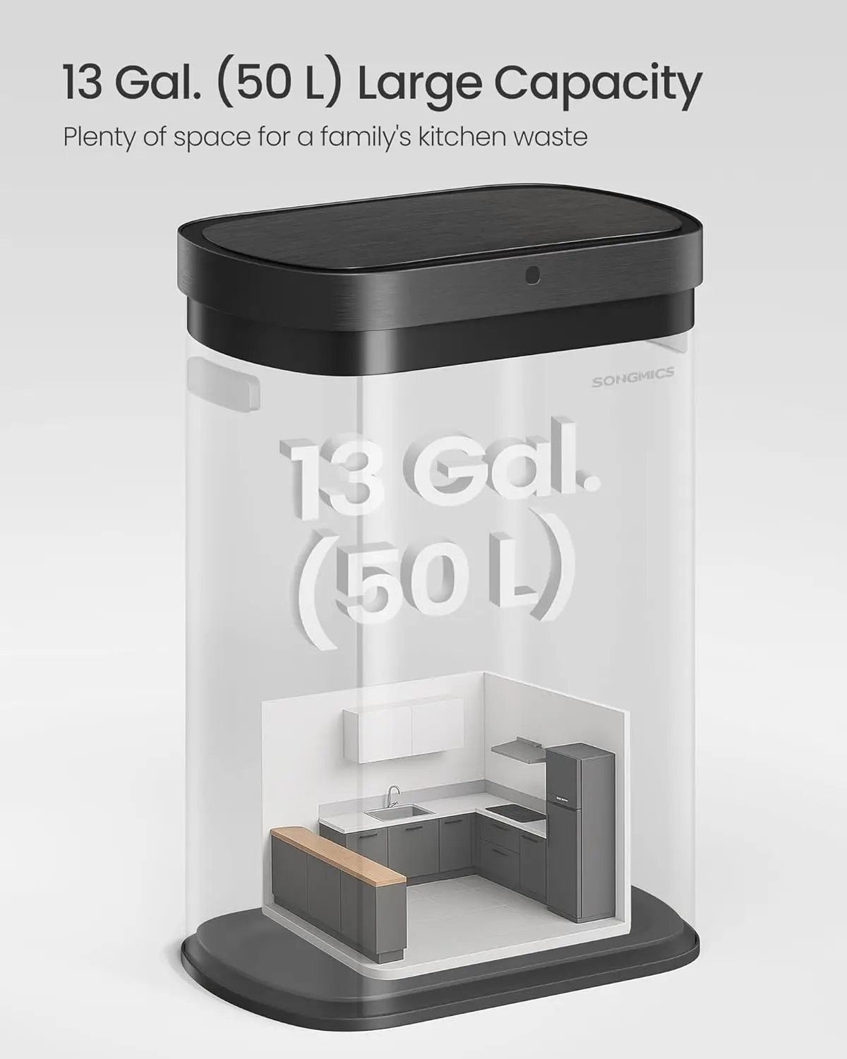 Motion Sensor Trash Can, 13-Gallon (50 L) Automatic Garbage Can with Soft Close Lid, Stainless Steel, Wave or Touch to Open