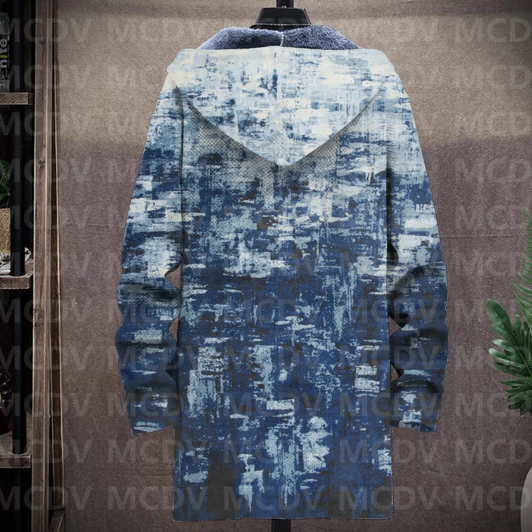 2023 Men's Retro Pattern 3D Printed Plush Thick Long-Sleeved Coat Fleece Hooded Overcoat Casual Thick Warm Jacket