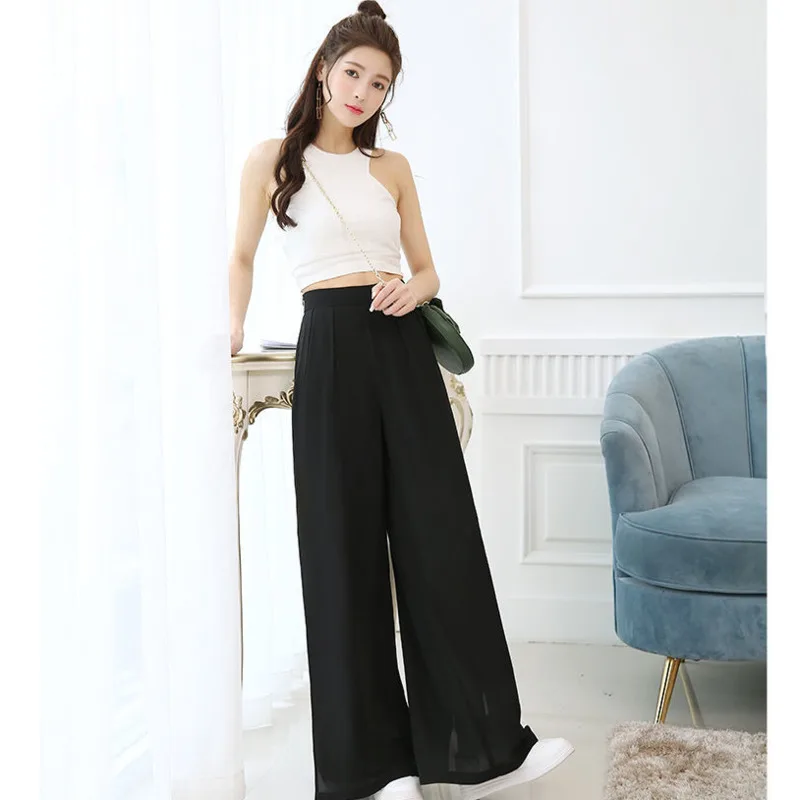 Side Slit Chiffon Wide Leg Pants Women Summer New Harajuku