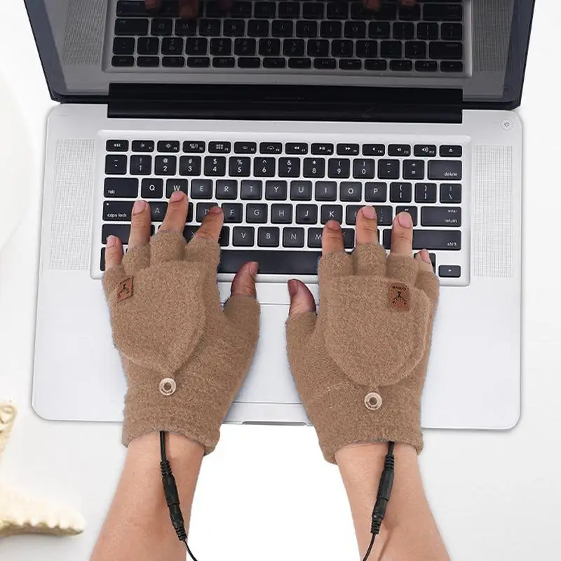 Heated Winter Gloves USB Heated Gloves Mitten Full & Half Winter Gloves Washable Fingerless Gloves For Adults Girls Boys 3