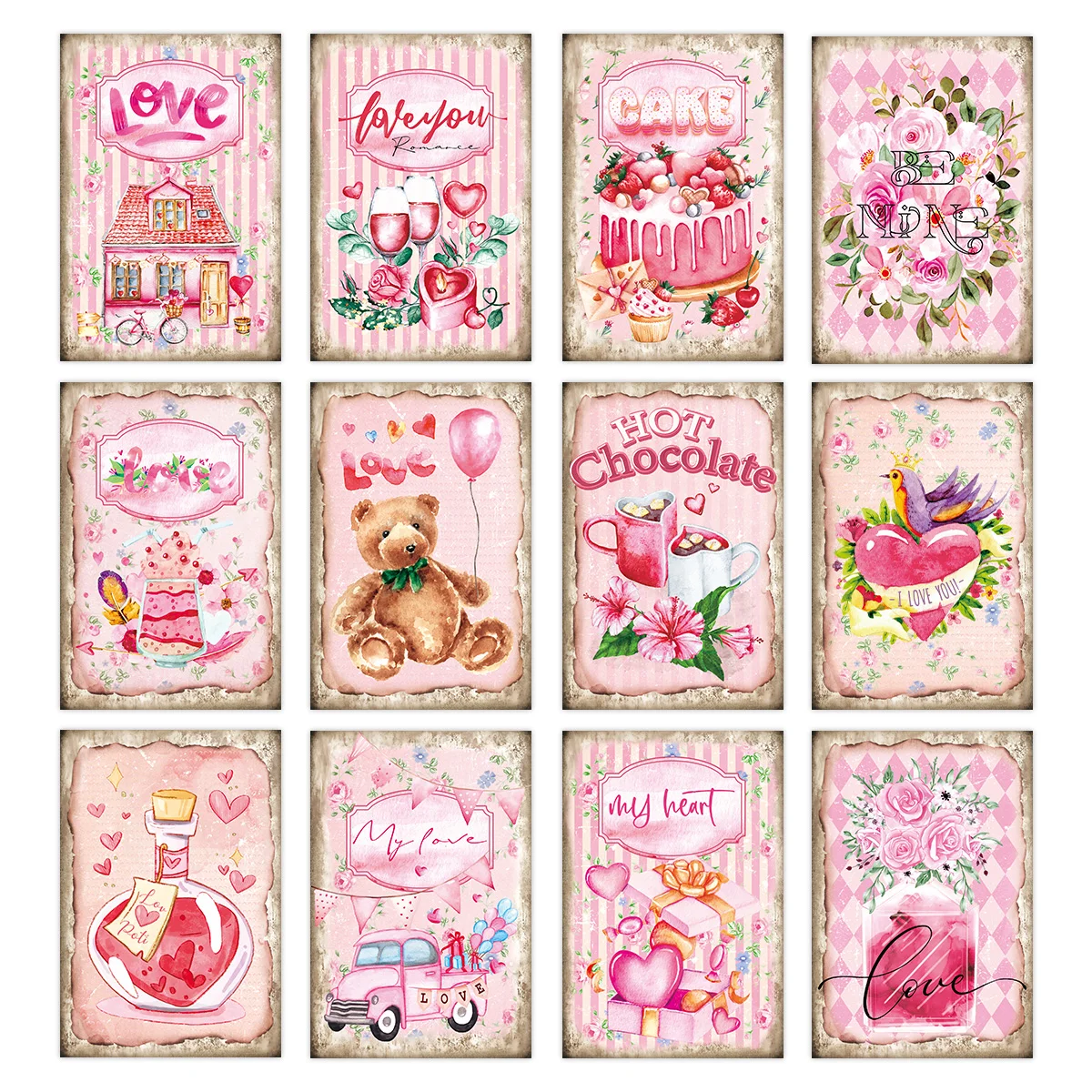Pink Vintage Valentines Postcards Shabby Chic Wall Collage Kit Room Decor Cute Bear Love Cards Gift Valentine Wedding 12pcs greeting cards