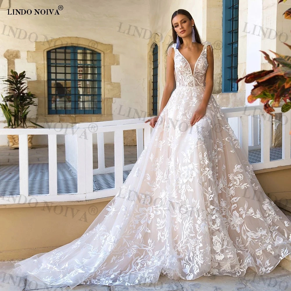 

LINDO NOIVA свадебное платье V-neck Appliqued Lace Wedding Dress for Bride A-line Sleeveless Backless Tulle Bridal Gowns Vestido