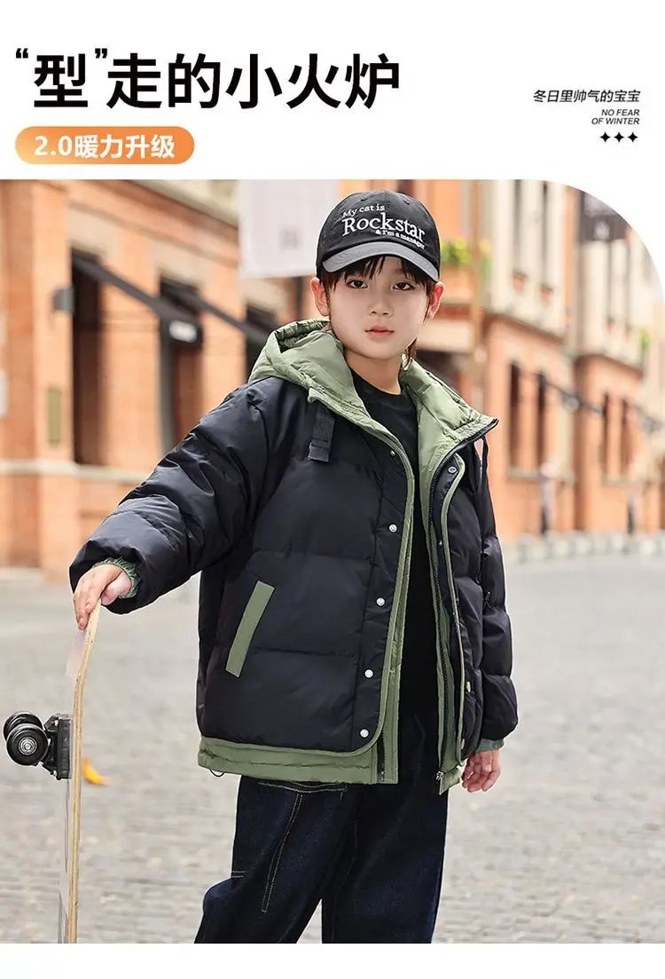 Farbblockierte, mit Baumwolle gefütterte Jacke für den Winter, mit Daunen gepolstert, verdickte Kapuze, Herbst-Winter-Kleidung, kurzes Oberteil für ältere Kinder – Detail 2