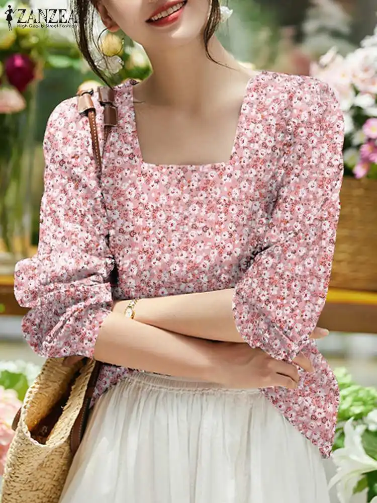 

ZANZEA Women Autumn Square Neck Long Sleeve Tops Casual Fashion Shirt Holiday Party Blusas Mujer Bohemian Floral Printed Blouse