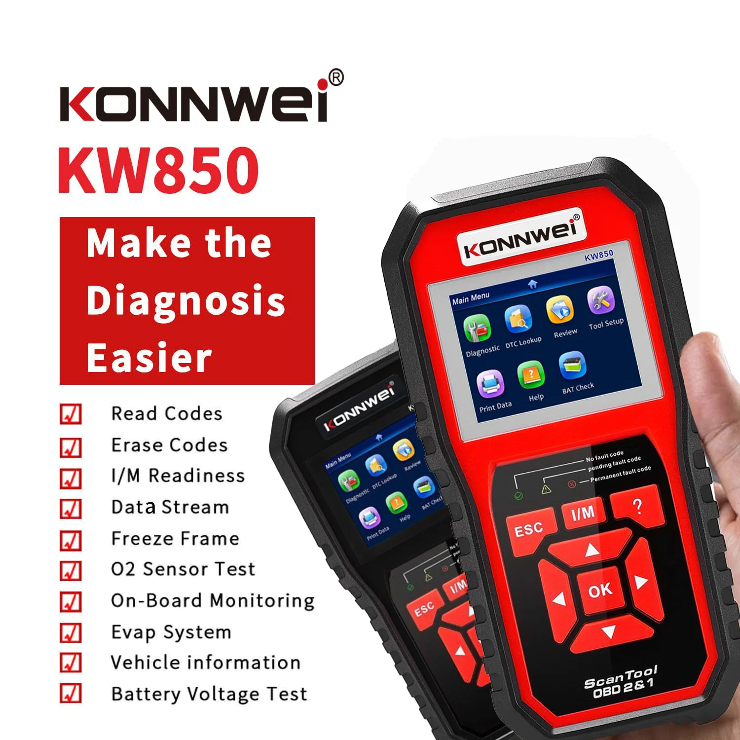 KONNWEI KW850 OBD2 Профессиональный автомобильный сканер Инструменты Полная функция OBII Считыватель кодов превращается с про...