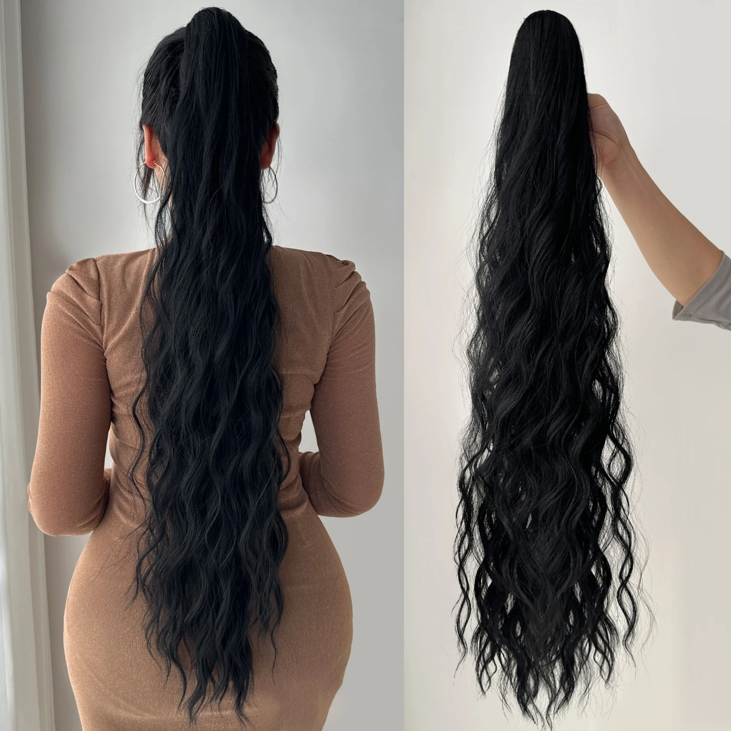 32”Synthetic Claw Ponytail Extension Straight Hair Water Wave Clip Hair Extensions Soft Natural Multi-Color Optio