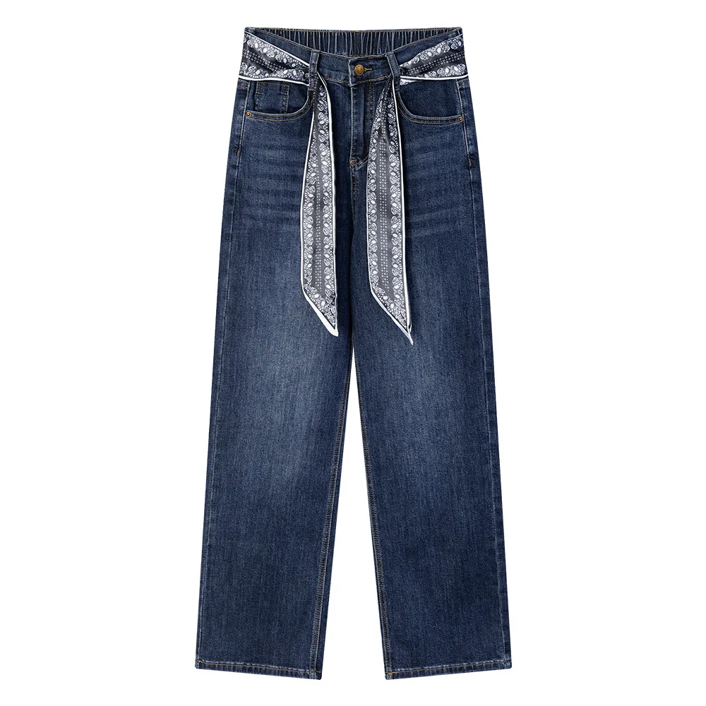 XXXXL Fashion Plus Size Women's Straight Leg Jeans 2025 Autumn Silk Belt Stretched Denim High Waisted Full Length Pants 2536