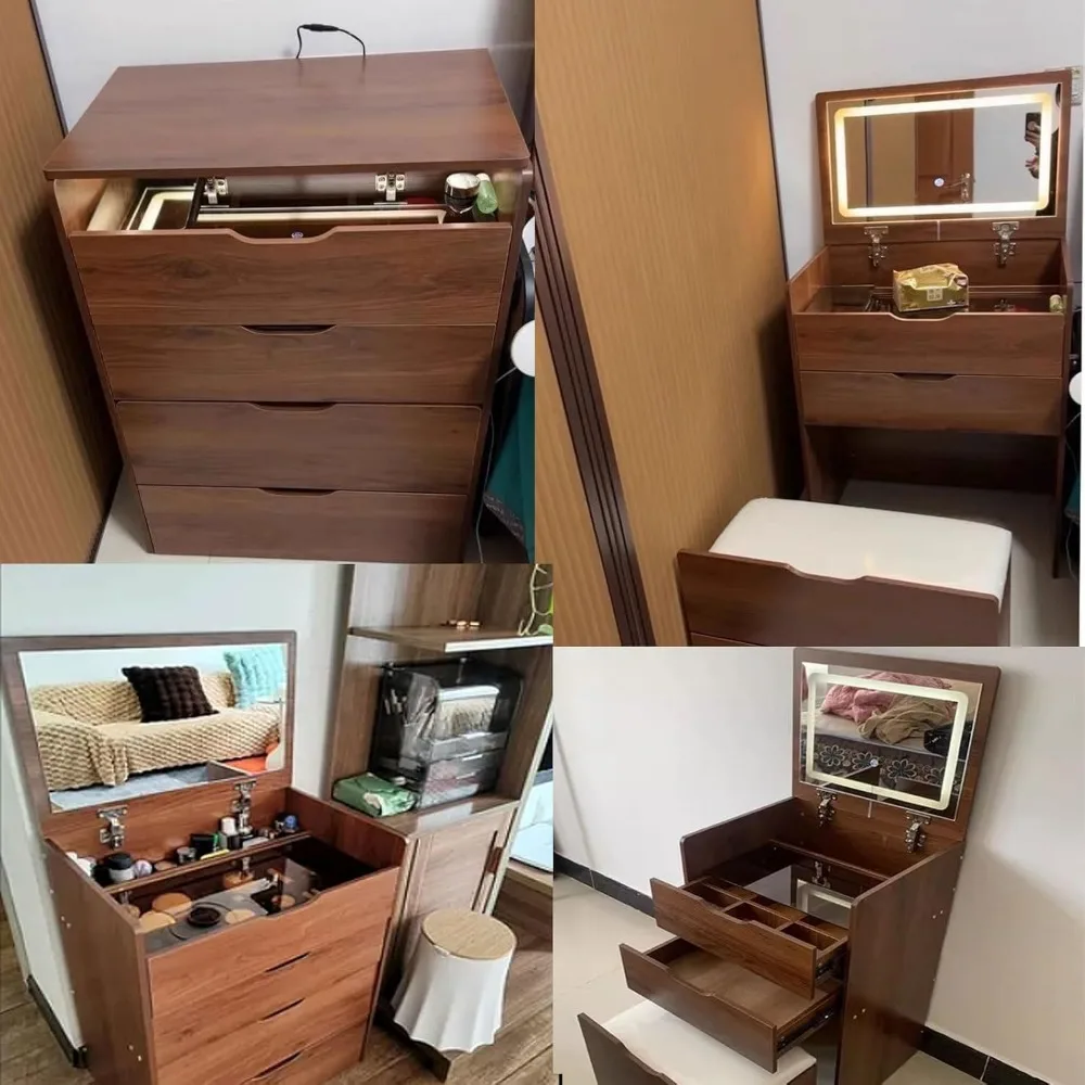 3 in 1 Vanity Desk with Flip Top Lighted Mirror, Compact Makeup Vanity with 3 Storage Drawers and Cushioned Makeup Stool 4