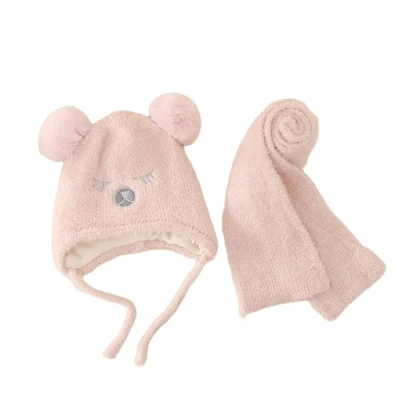 New Winter Children's Warm Hat Scarf Set Double Balls Bear Plush Ear Protection Two Piece Set For Boys And Girls With Plush Hat