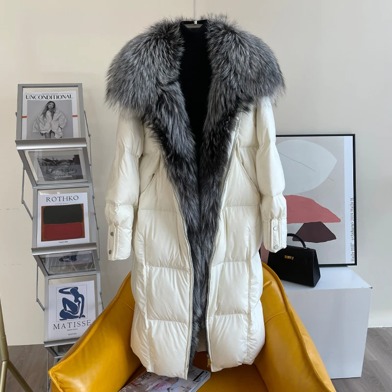 Winter Women's Coat White Goose Down With Real Fox Fur Collar Long Jacket New Fashion Full Sleeves Thick Warm Luxury Female