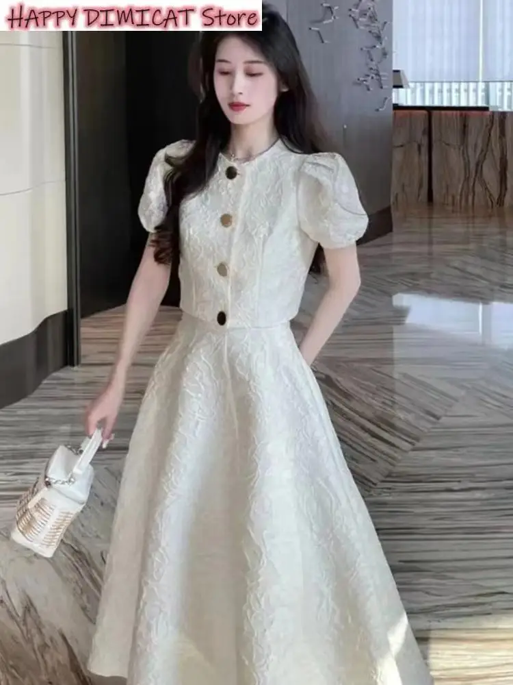 Evening Party A Line Skirt New Elegant Two Piece Sets Women Korean Fashion Vintage Office Lady Jacquard Top + Casual Slim
