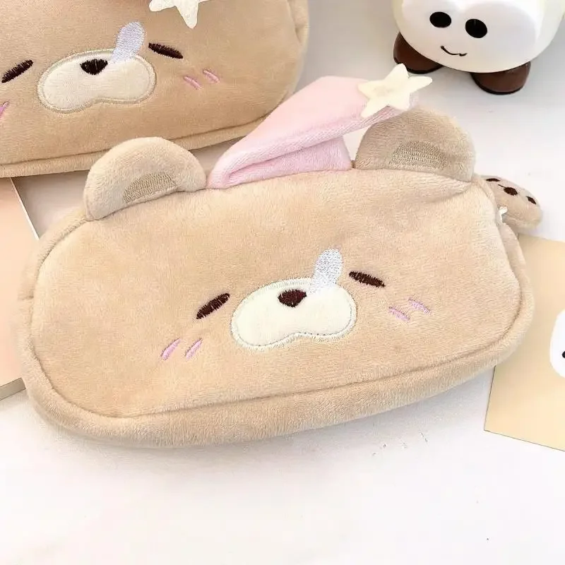 1PCS 귀여운 메이크업 가방 대용량 플러시 작은 곰 작은 돼지 연필 케이스 휴대용 문구 보관 주머니 지퍼 펜 케이스