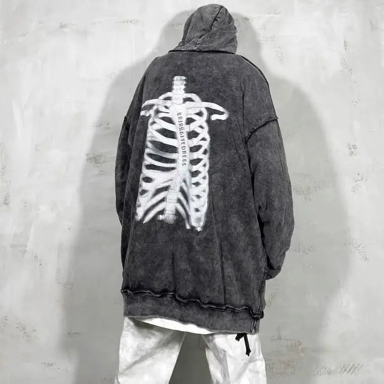 

High street trendy brand distressed washed bone print oversize couple sweatshirt trendy brand y2k hoodie harajuku men clothing