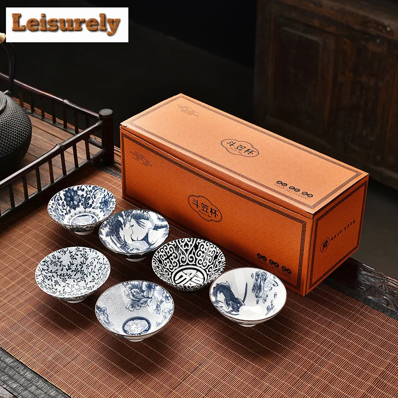 1PCS Blue and White Porcelain Cone Teacup Anti Scaling Hand-painted Tasting Tea Bowl Travel Meditation Cup Chinese Tea Set 70ml