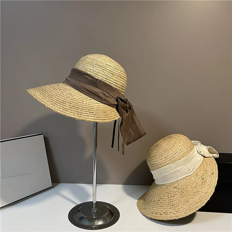 

French exquisite elegant bow basin hat female fashion girl braided straw hat foldable sun hat travel sunscreen casual beach hat