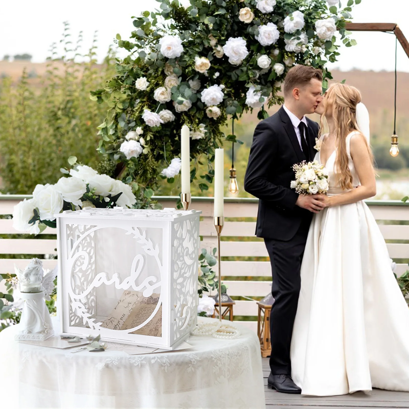 White Wedding Card Box for Receptions PVC Gift Card Box for Wedding with Acrylic Windows Rustic Envelop Money Gift Ann