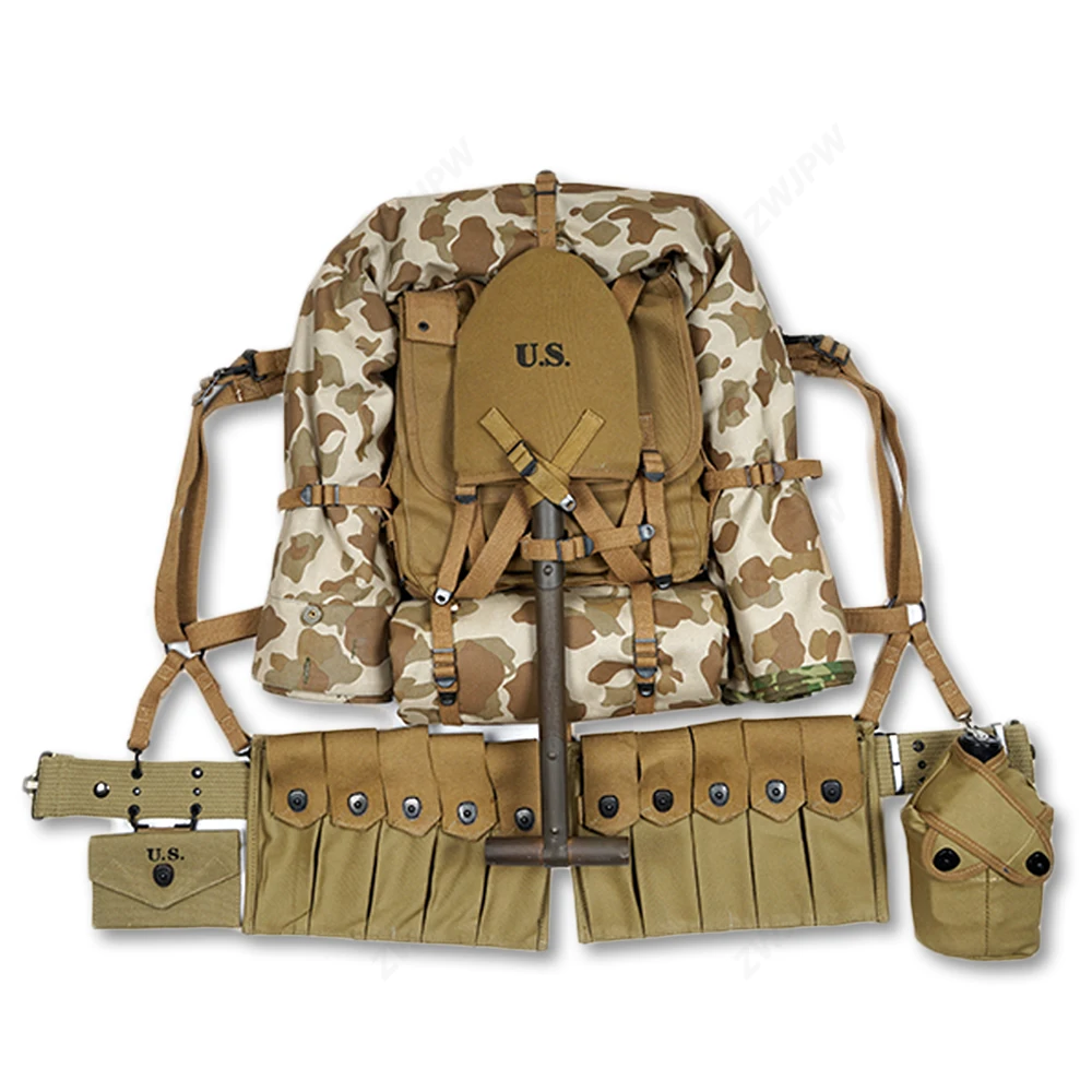 

WW2 US ARMY EQUIPMENT CONBINATION USMC UPPER BACKPACK WITH STRAPS T-TYPE SPADE FIVE CELL POUCH ONE TENT AND ONE RAIN CAPE