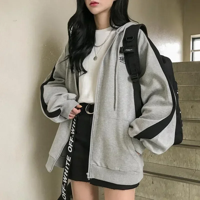 여성용 한국 패션 집업 후디, 긴 소매 루즈 플리스 코트, 하라주쿠 스트리트웨어, 지퍼 후드, Y2k, 2023 가을