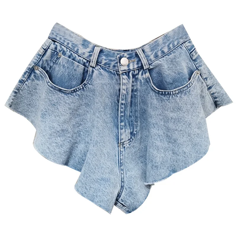 2021 Sexy Ruffle Shorts New Spring Summer Fashion Light Blue Denim Washed Pockets Zippers Shorts High Waist Female Bottoms Y2k