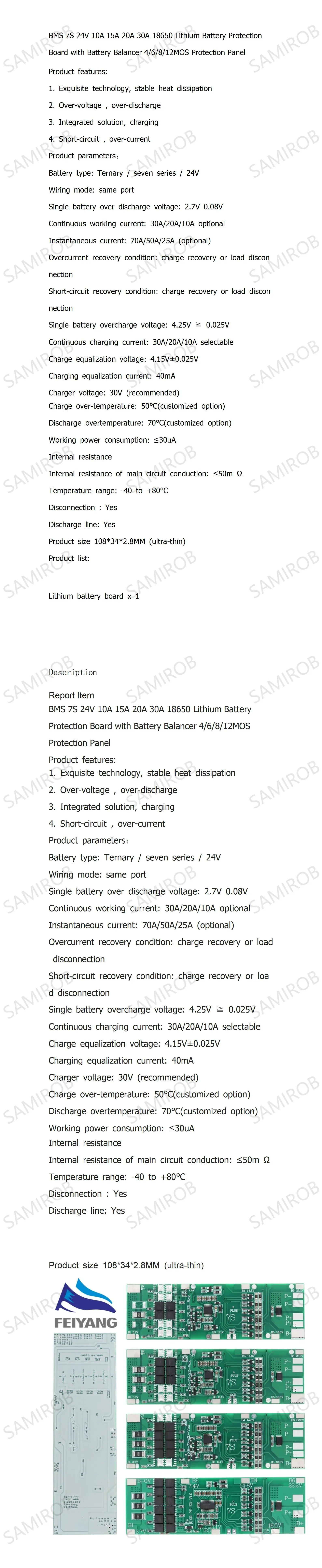 SAMIROB BMS 7S 24V 10A 15A 20A 30A Li-Ion 18650 Batterieladeplatine mit Balance-Funktion Kurzschluss-/Temperaturschutz – Detail 1