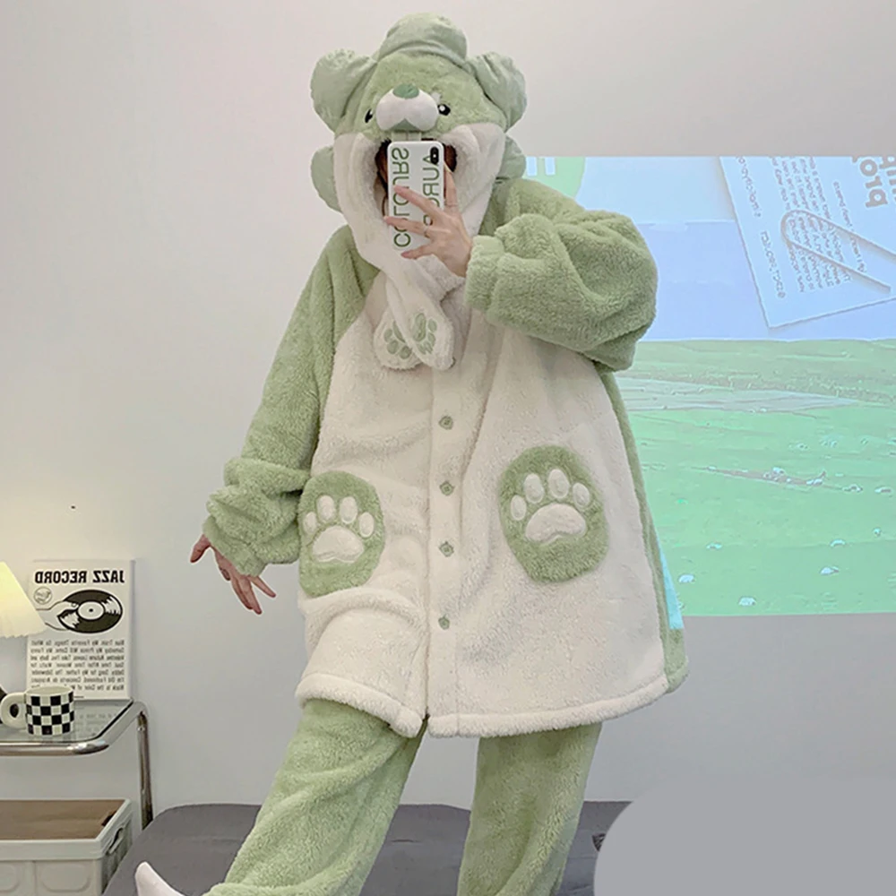 Women's Sleepwear Winter Flannel Nightgown With Pants Two Pieces Set Pyjamas Nighty Loose Hooded Sleepshirts Plush Pajamas Set