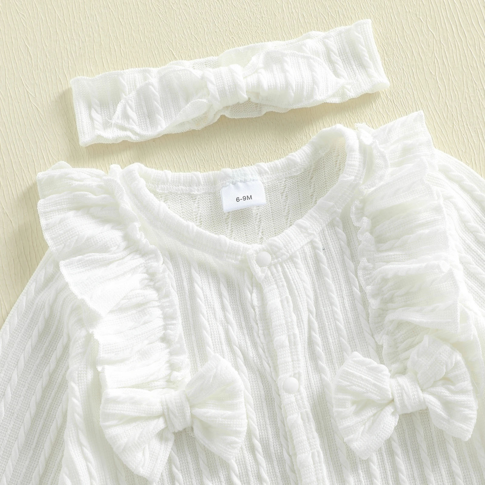 Baby Girl Footed Romper Duck Solid Color Bow Ruffled Long Sleeve Round Neck Jumpsuit with Bow Headband 6
