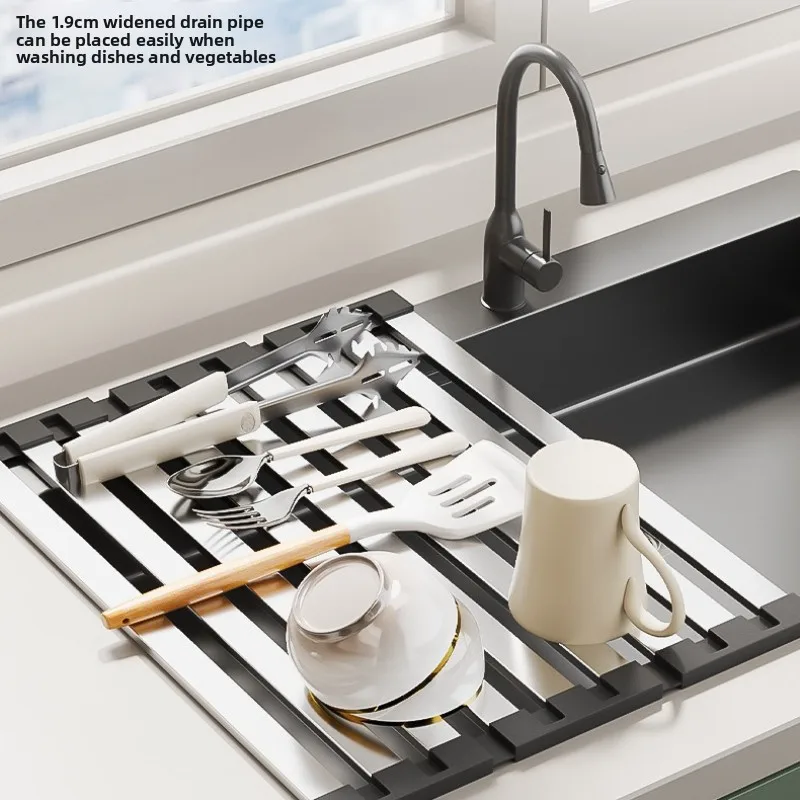 Rejilla de drenaje para fregadero de cocina de acero inoxidable 304, estante de almacenamiento para cuencos y platos, escurridor plegable y retráctil (v1.12.4) - Image 6
