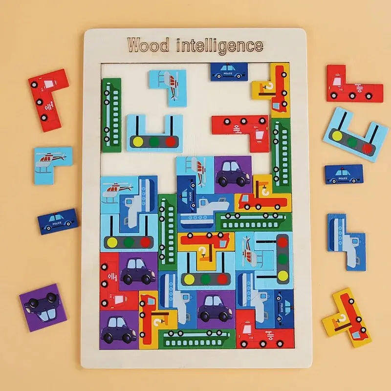 Wooden Building Blocks Cars Traffic Game Puzzle Intelligence Brain Teasers Logic Game Early Educational Block Training Learning