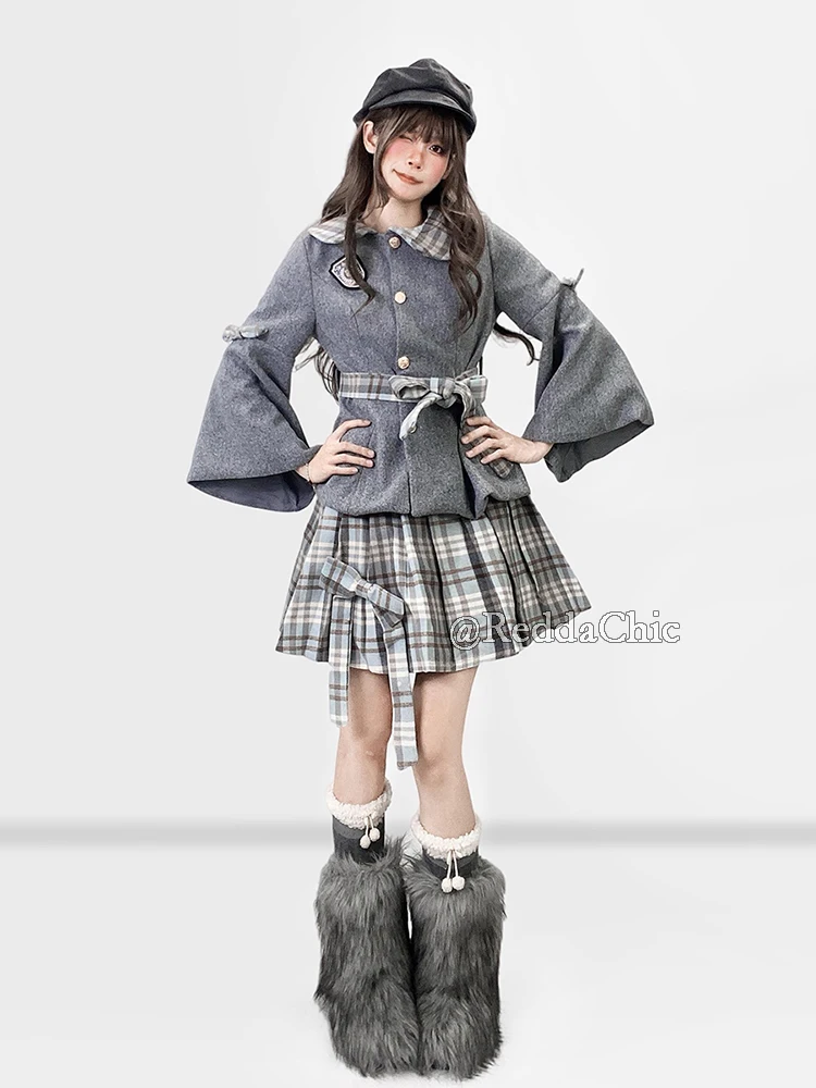 REDDACHiC Women Tweed Jacket Skirt Set Bell Long Sleeve Button