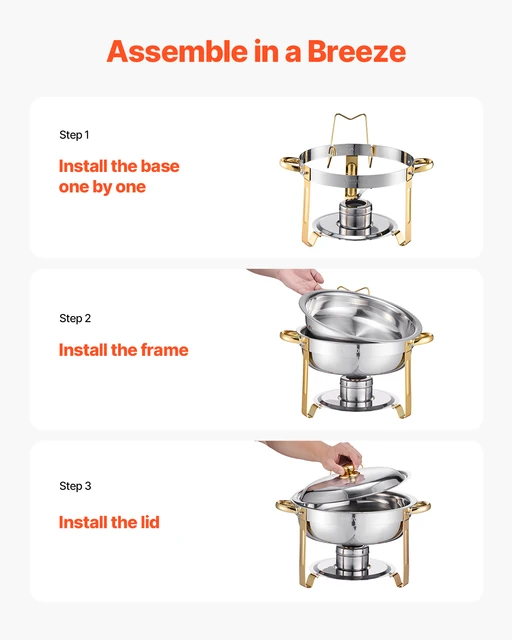 VEVOR Scaldavivande per Buffet con 4 Padelle, Distributore di Calore Rotondo per Ristorazione con Coperchio, Porta Carburante e Vaschetta per l'Acqua per Matrimoni, Feste, Dorato 4,7 L 5