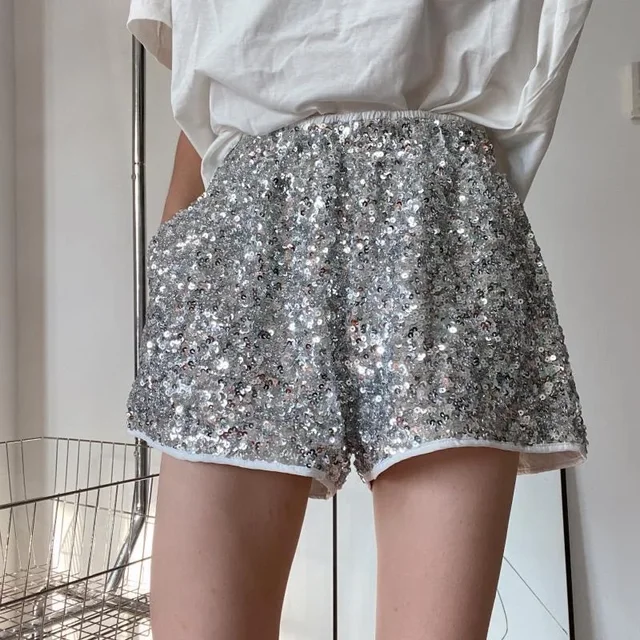 New Modern Heavy Industries sequined European high-waisted shorts women's new 2024 elastic loose wide-leg hot pants casual pants